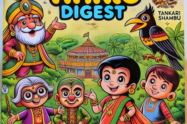 A colorful illustration featuring iconic characters from Tinkle Digest Magazine, highlighting the essence of Indian storytelling.