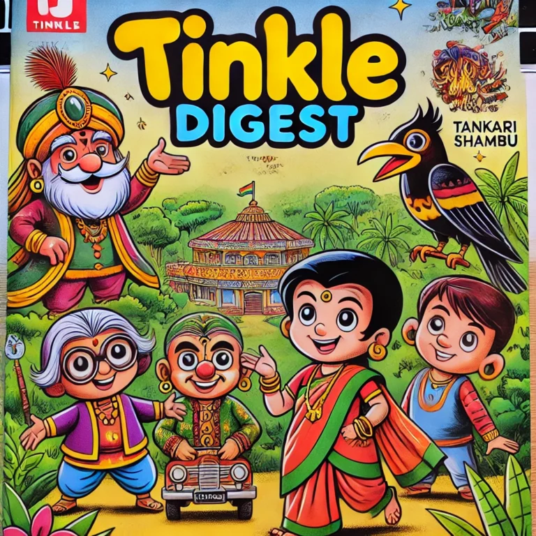 A colorful illustration featuring iconic characters from Tinkle Digest Magazine, highlighting the essence of Indian storytelling.