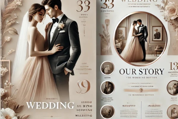 Magazine invitation wedding design featuring elegant layouts and personalized details.