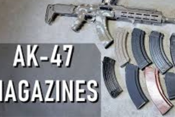 A detailed view of a custom AK magazine with unique designs and upgraded features.