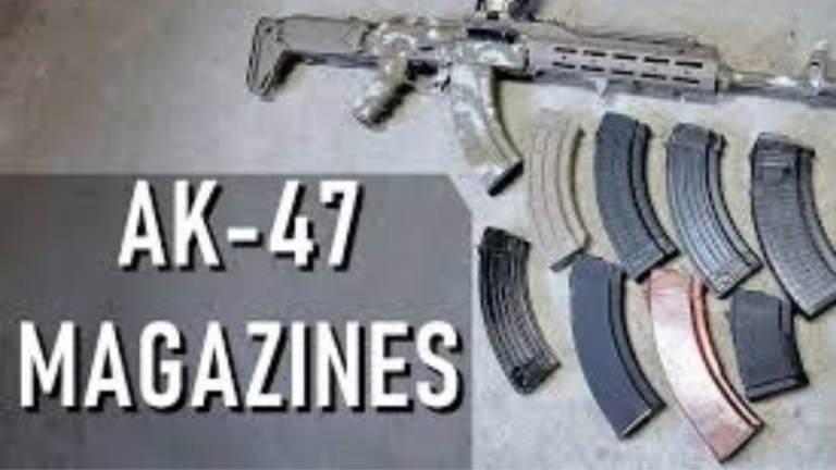 A detailed view of a custom AK magazine with unique designs and upgraded features.